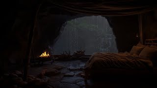 Deep Sleep in a Cozy Rainy Thunder Cave Bonfire Sounds and for Stress Relief, Peaceful Deep Sleep