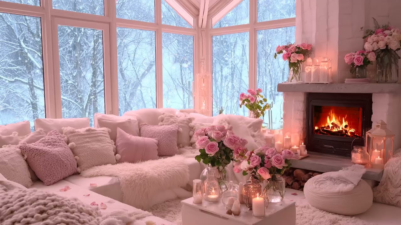 Warm Romantic Winter Ambience with Fireplace Crackles and Snow Falling Outside