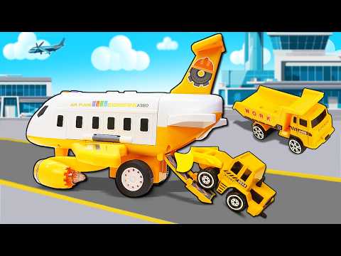 Toy airplane & construction vehicles: Rescue cars at the airport. Indonesian language video