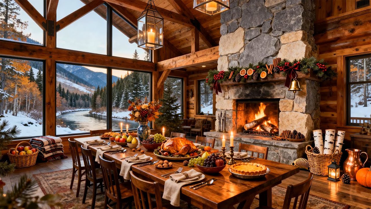 Thanksgiving Dinner by the Fireplace 🔥 Calm Cabin Ambience for Rest & Soft Atmosphere