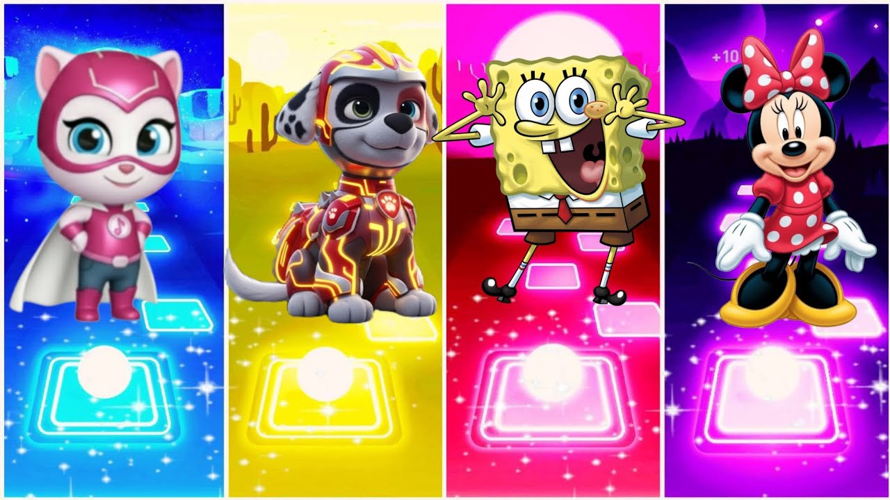Talking Angela 🆚️ Marshall PAW Patrol 🆚️ SpongeBob 🆚️ Minnie Mouse TILES HOP EDM RUSH😱😱
