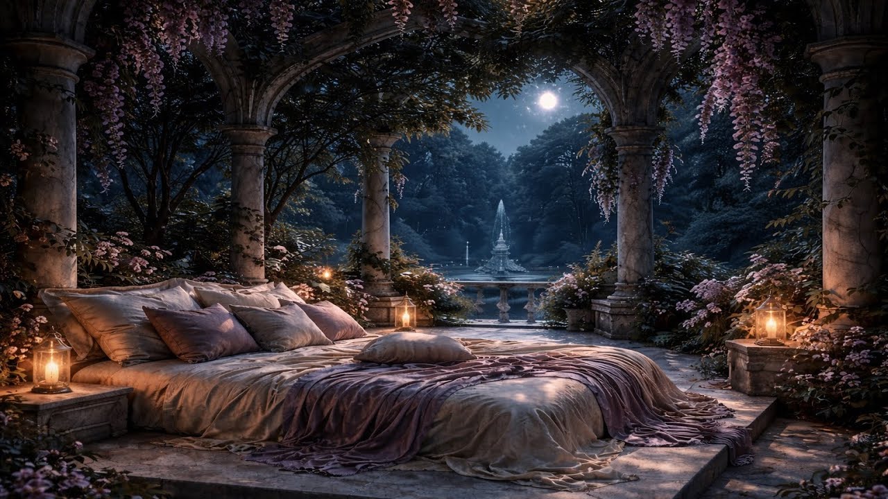 Moonlit Garden Sanctuary 🌙 | Soothing Piano & Fountain Sounds for Deep Relaxation