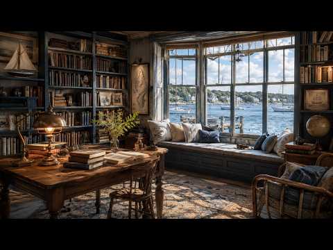 Seaside Library Ambience | Summer Lo-Fi Music, Ocean Waves & Cozy Coastal Reading Room