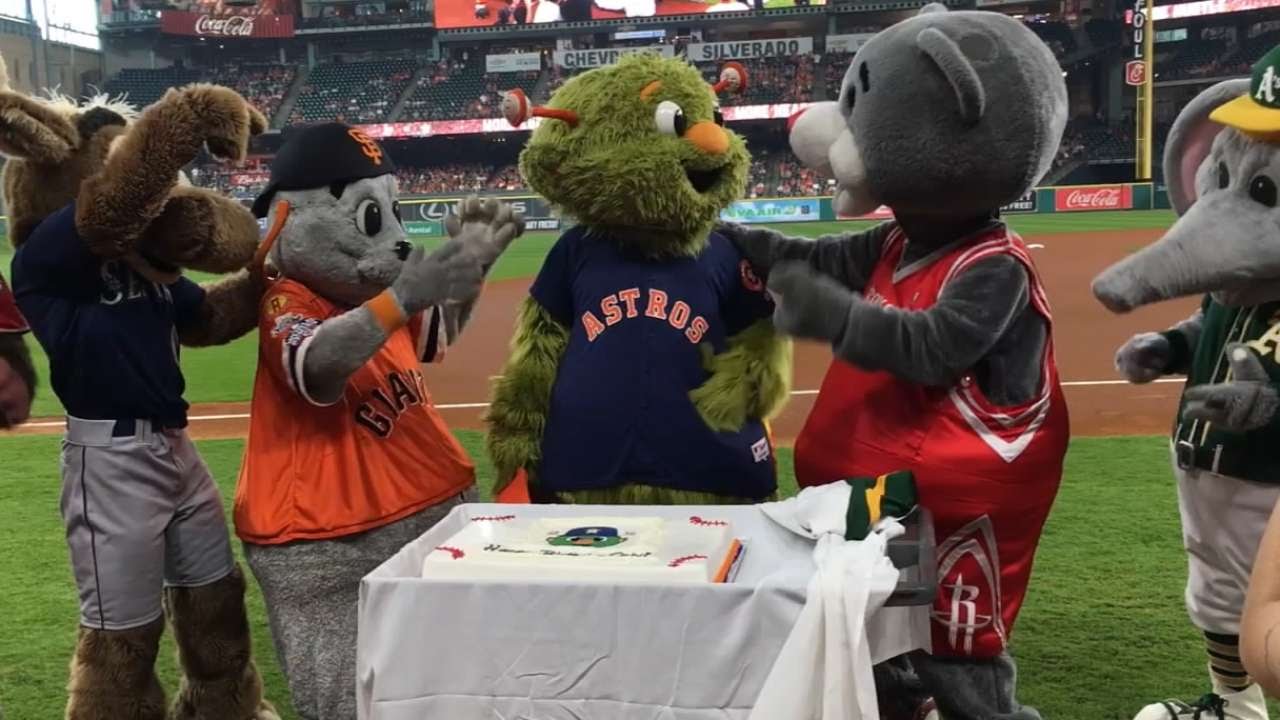 Astros mascot Orbit celebrate his birthday 