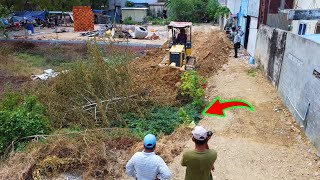 Up road to fill soil on old land & grass build foundation house by Komatsu dozer with dump trucks