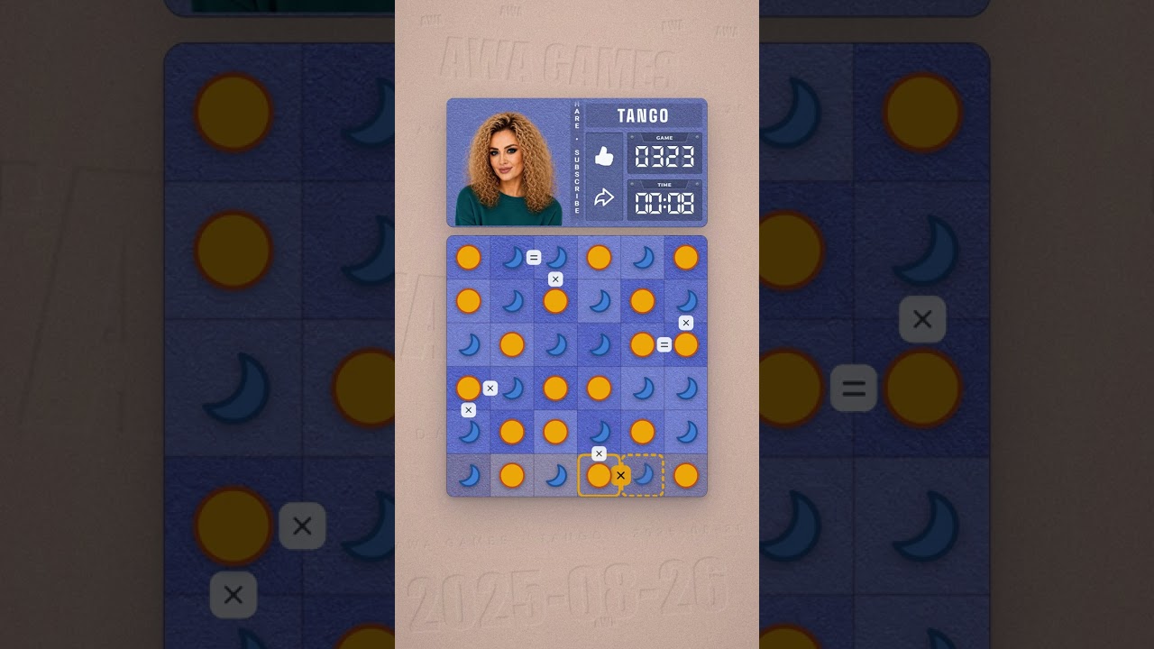 LinkedIn Tango #323 solved board for August 26, 2025, 6x6 grid