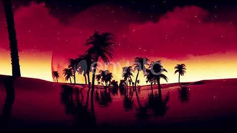 Flying Past Silhouette Palm Tree to Red Sun | Motion Graphics - Envato elements