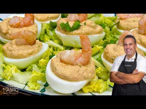 Huevos rellenos de langostinos al ajillo