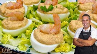 Huevos rellenos de langostinos al ajillo