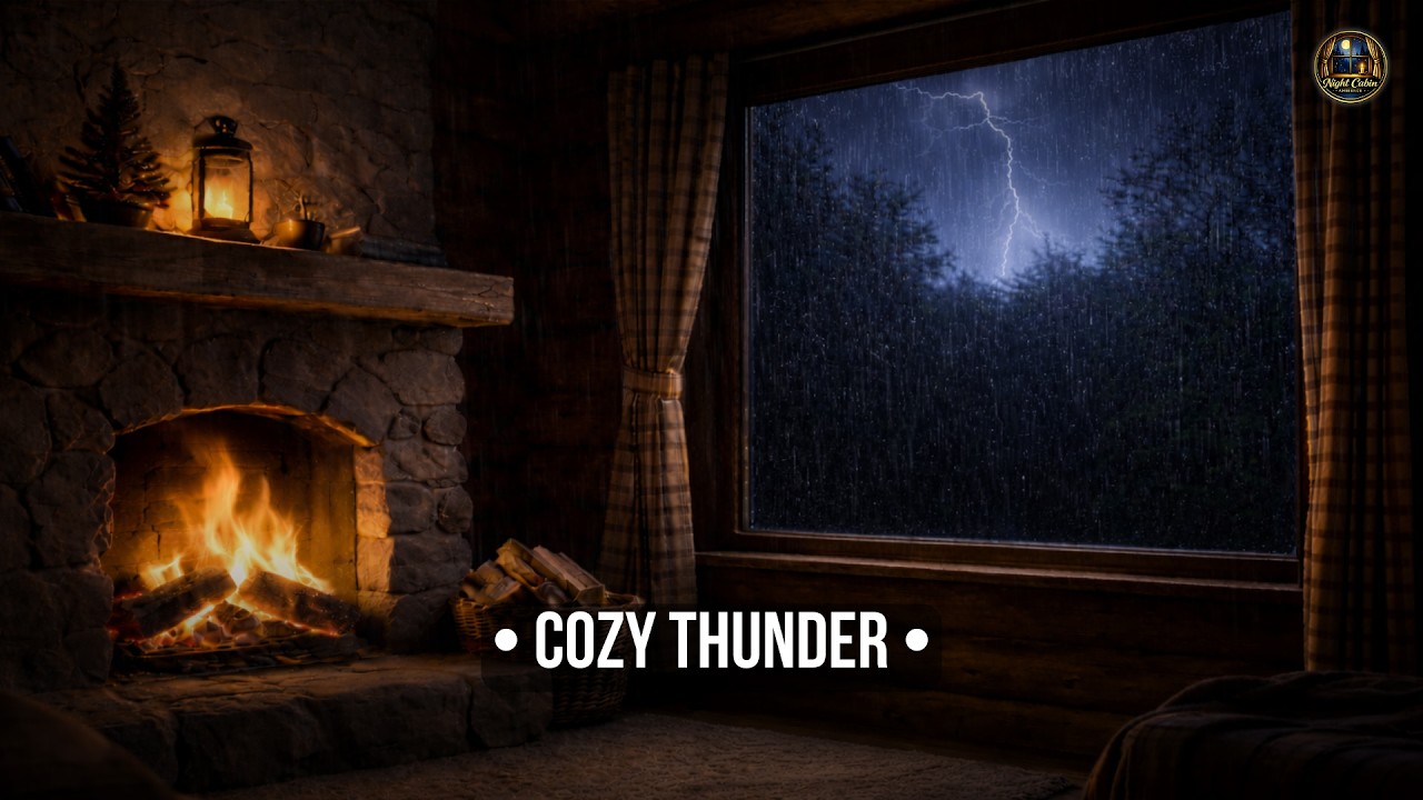 Night Cabin Ambience • Cozy Fireplace + Rain & Thunder (10 Hours) Deep Sleep