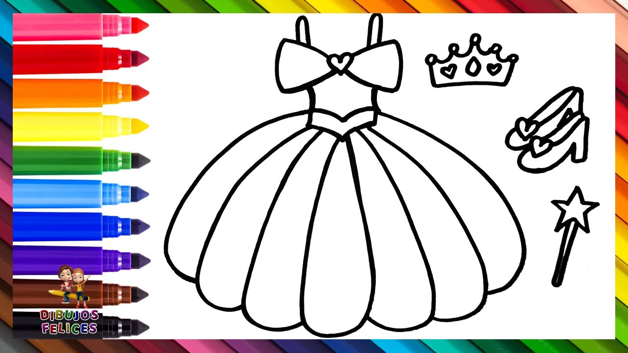 Dibuja y Colorea Un Vestido De Princesa Y Algunos Accesorios 👗👸👠👑🪄🌈 Dibujos Para Niños
