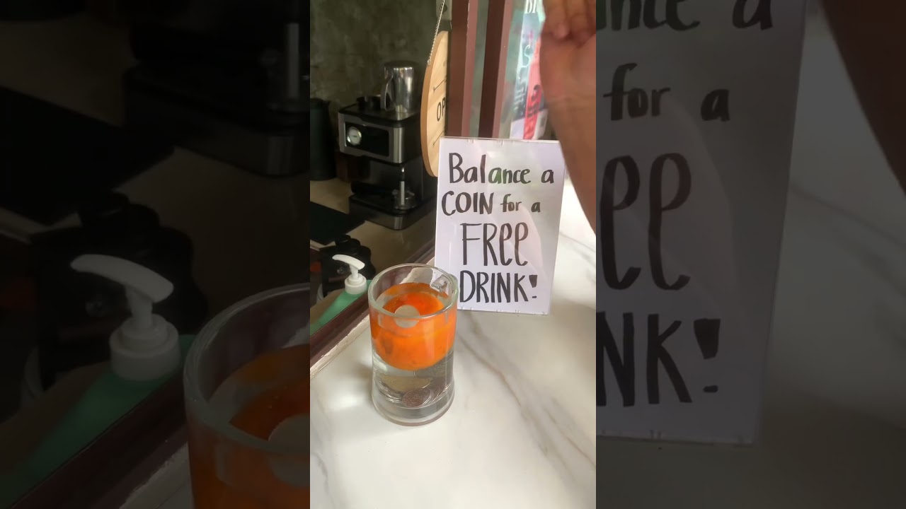 Balance a coin and WIN a FREE DRINK! Can you do this challenge?🤩 Inspired by: Cafe Pulp