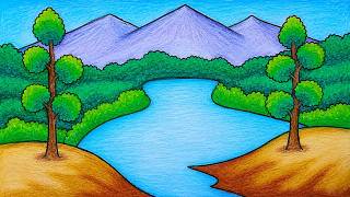 Easy Scenery Drawing | How To Draw Scenery Featuring Mountains and Lake in a Forest
