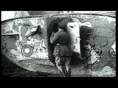 Crew and officer enter British Mark I Male tank in World War I. HD Stock Footage