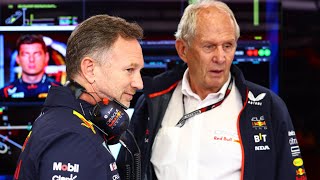 Christian Horner spotted shaking head during Helmut Marko talks in Red Bull garage