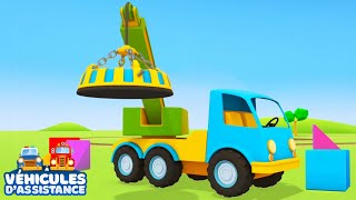 Un camion avec un gros aimant. Véhicules d’assistance. Dessin animé pour enfants.