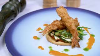 Pacific West Panko Prawn With Courgette Tart and Tomato Couli