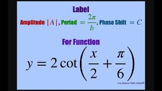 Label amplitude, phase shift, period for function y = 2 cot( x/2 + pi/6).