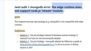 next auth    mongodb error   the edge runtime does not support node js 'stream' module Wealth