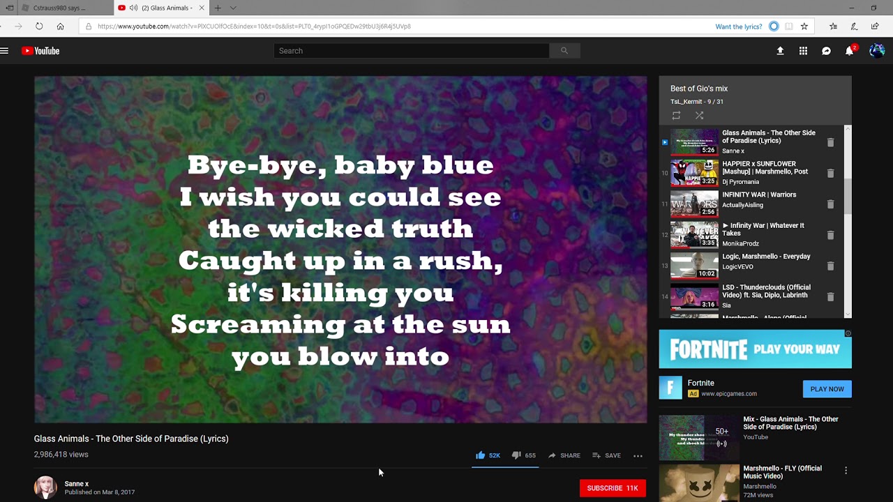 "Bye bye baby blue" Other Side of Paradise by Glass Animals/ karaoke