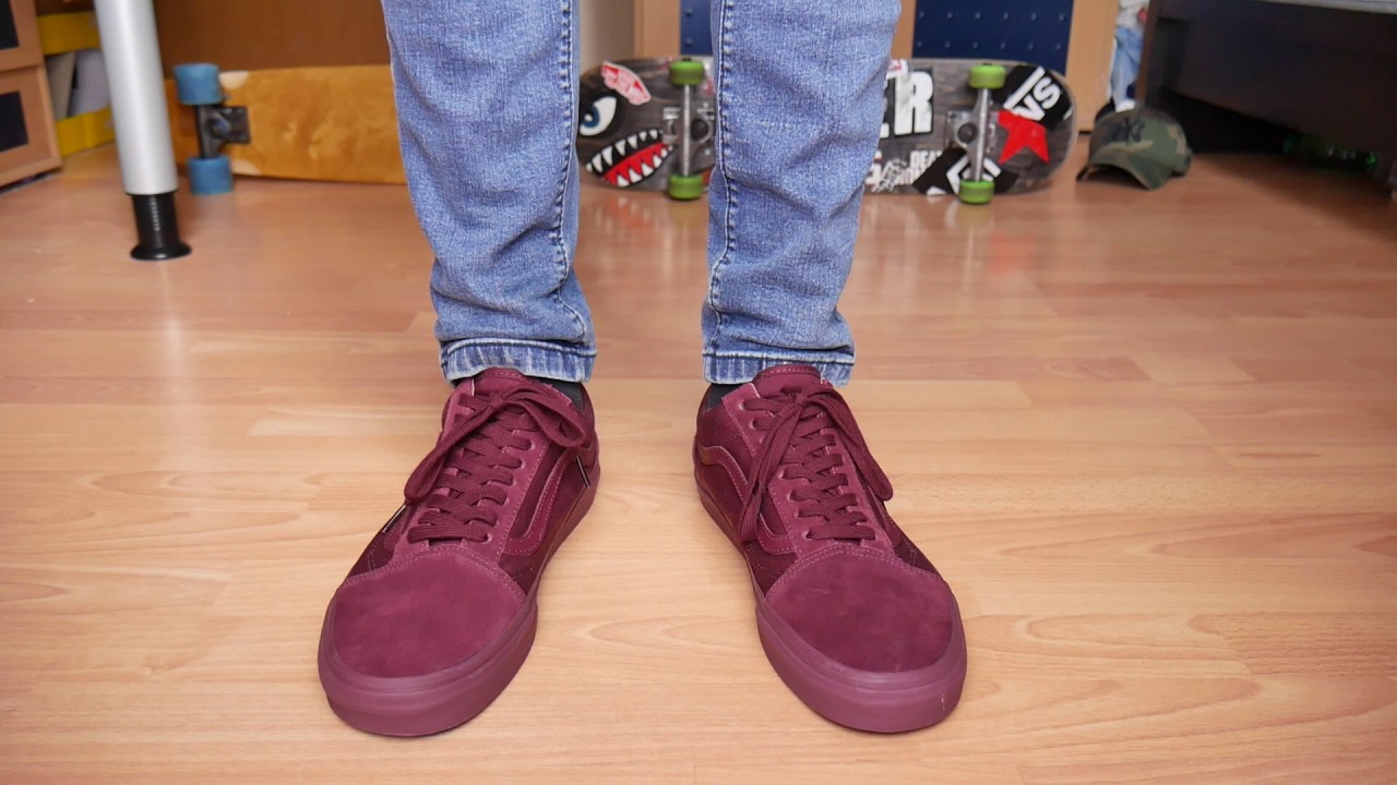 vans old skool maroon on feet