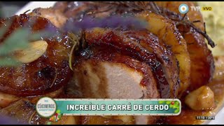 Baked marinated pork rack with sweet potato puree and bacon