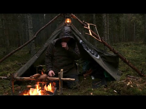 caught-in-a-storm---4-days-solo-bushcraft,-camping-in-heavy-rain,-portable-wood-stove,-canvas-tent
