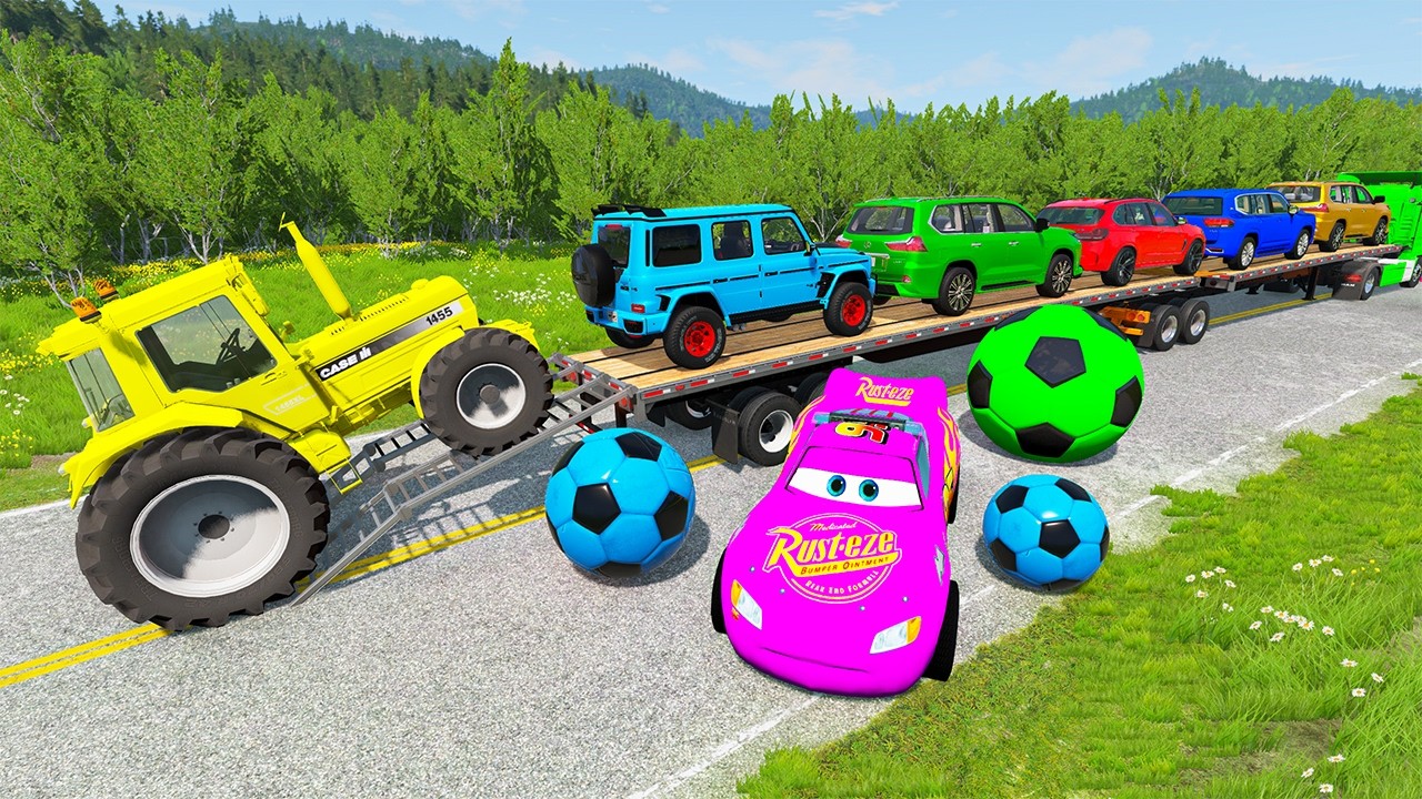 Flatbed Trailer McQueen Transportation with Truck - Speedbumps vs Cars vs Train - BeamNG.Drive