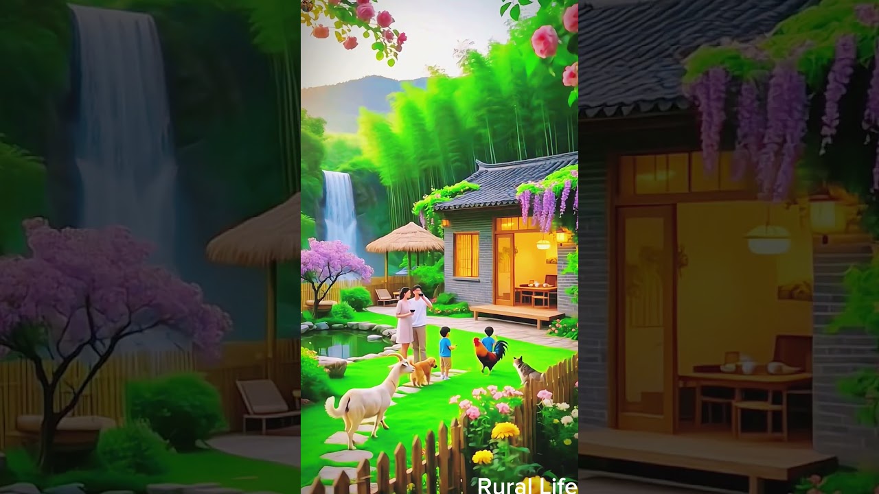 There is a family with children and pets in a natural setting with a house pond and waterfall