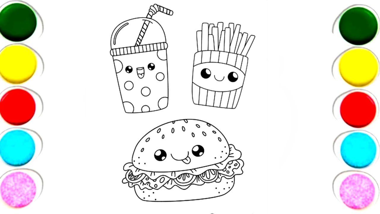 Cute fastfood drawing & coloring for kids| How to draw burger 🍔, french fries 🍟', colddrinks |