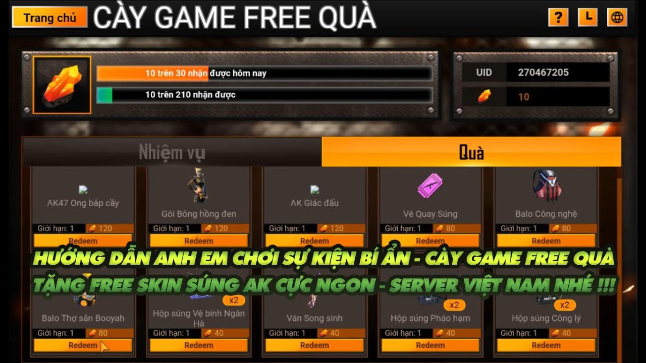 Free Fire| Hướng dẫn anh em chơi sự kiện cày game bí ẩn free quà – Free AK cực ngon Server VN