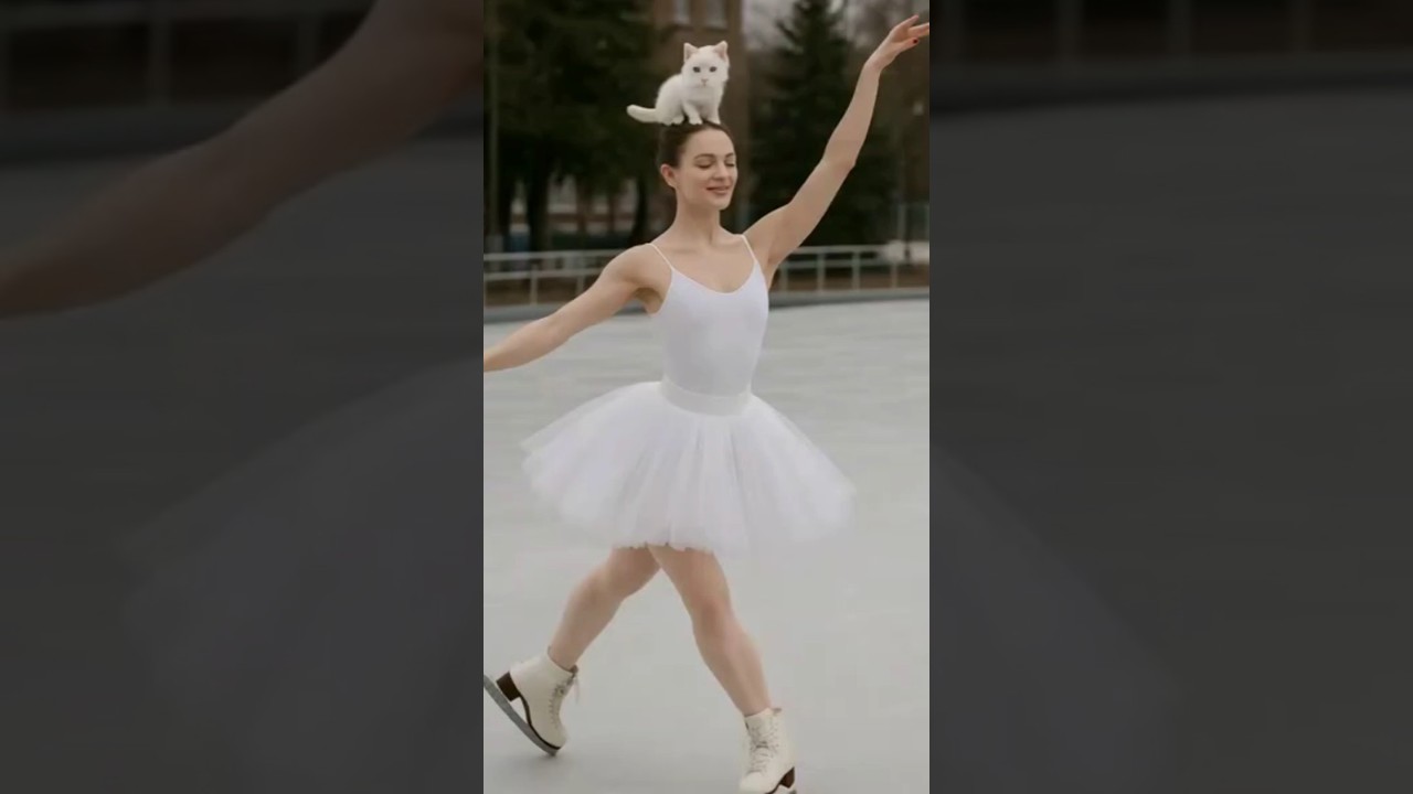 The girl performances ballet with the cute cat . 