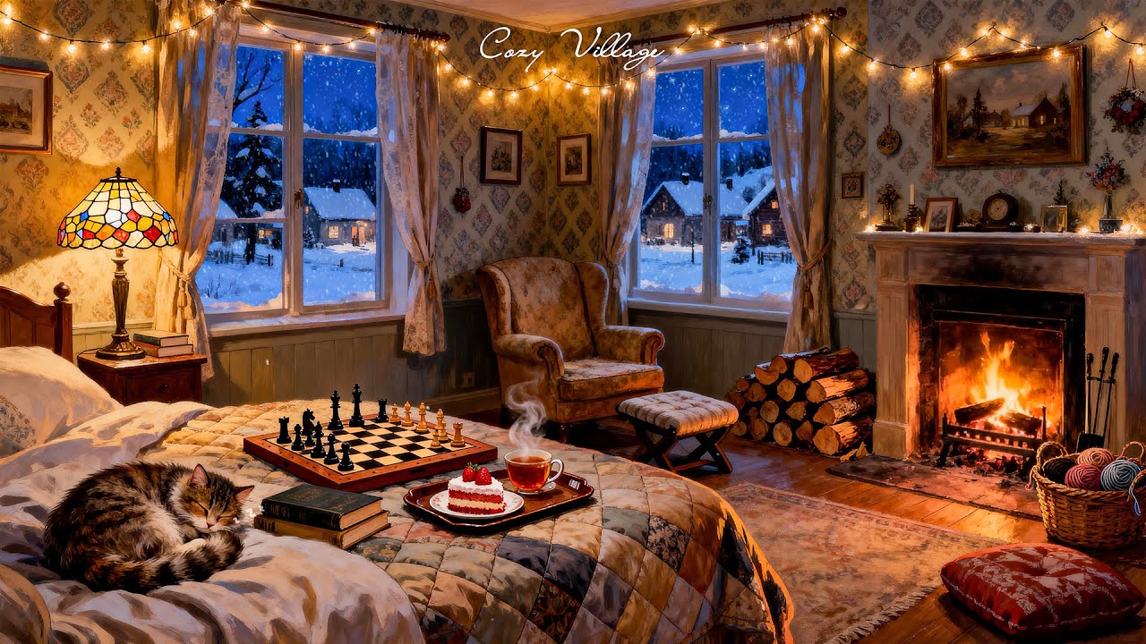 warm snowy winter night | cozy 1960s cottage with vintage jazz oldies playing in another room
