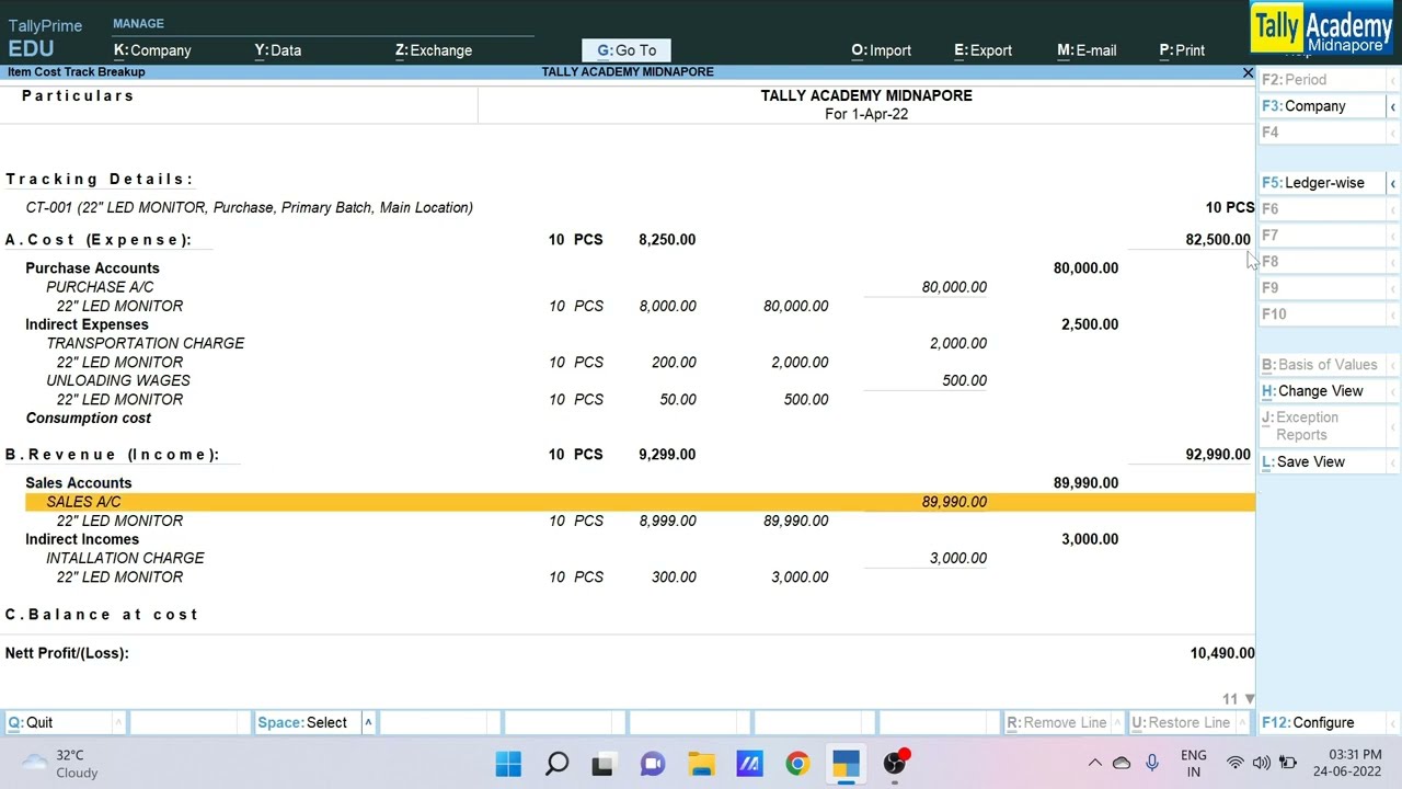 COST TRACKING in Tally Prime
