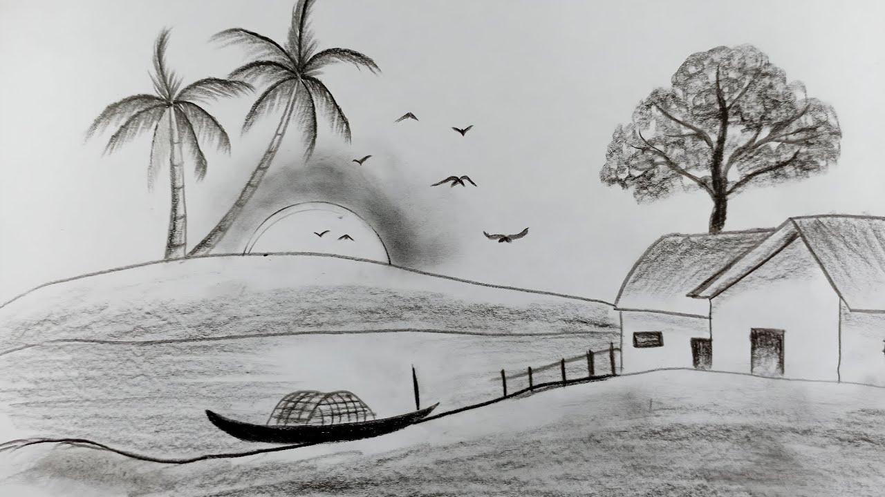 How to draw landscape with pencil 