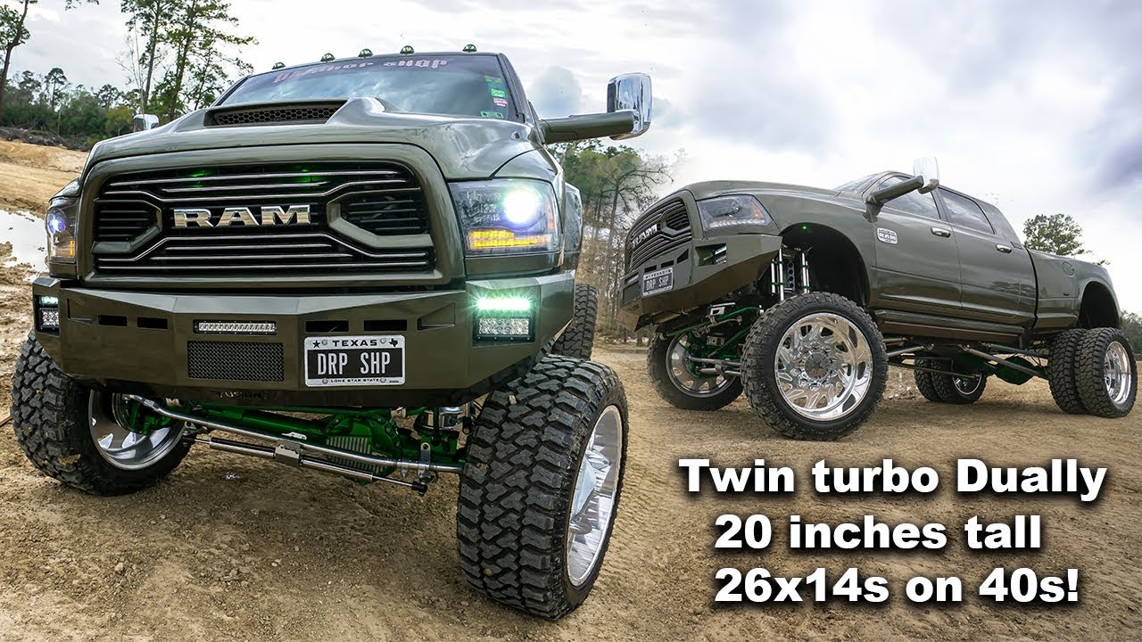 Twin turbo dually on 20 inch airbag lift with 26X14 super singles on 40S! 