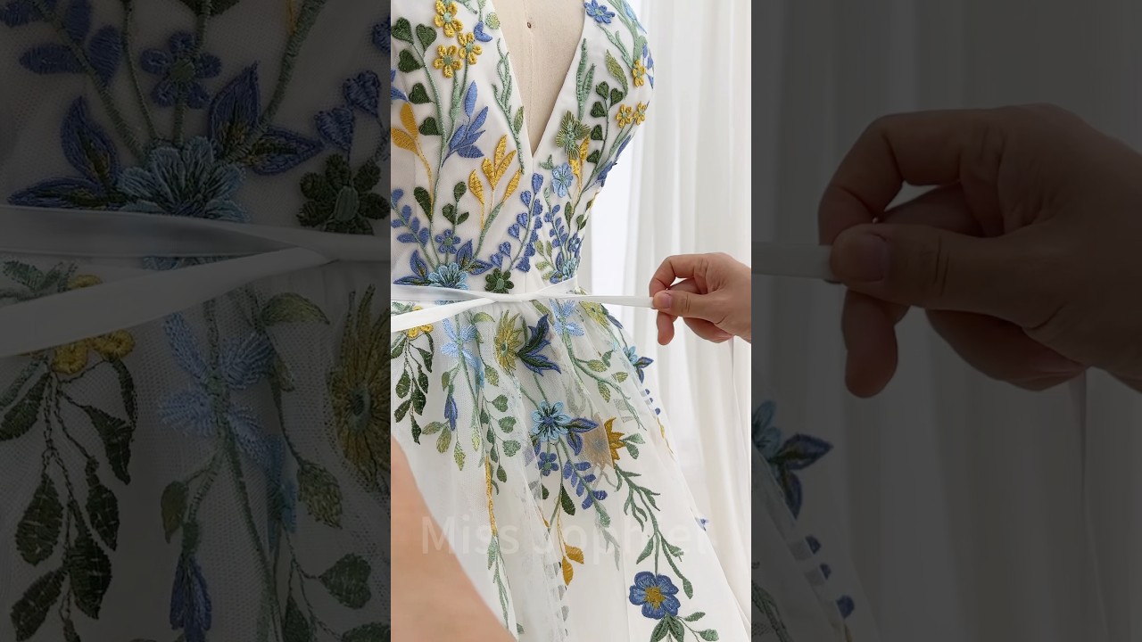 V neck floral appliqué long wedding dress. 