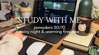 3HR STUDY WITH ME ☔ Night Fireplace, Relaxing Rain for focus Pomodoro 50/10 Timer Real time