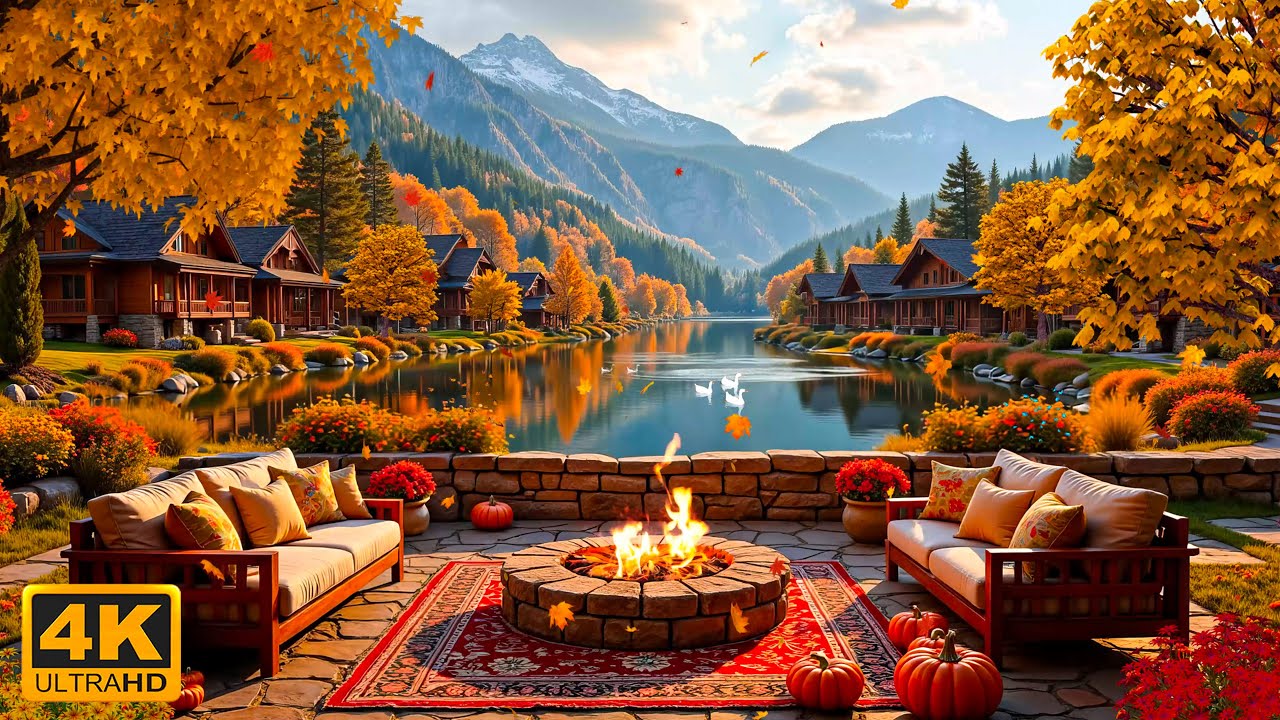 Autumn Lake Cabin 🏞️ Relaxing Piano Music 🎹 Cozy Fireplace 🔥 Peaceful ...