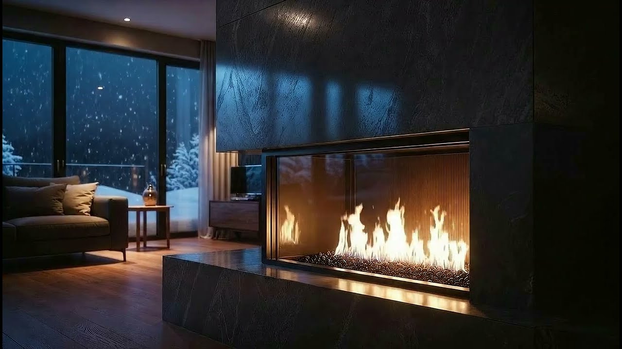 Modern Penthouse at Night - Fireplace & Blizzard 4K