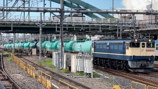 【ジョイント音最高！】国鉄EF65形2000番台2085号機（赤プレート・国鉄色）＋タキ12B（両）が大宮駅6番線を低速通過するシーン（臨8876レ・新A54・石油返空）2023.8.22