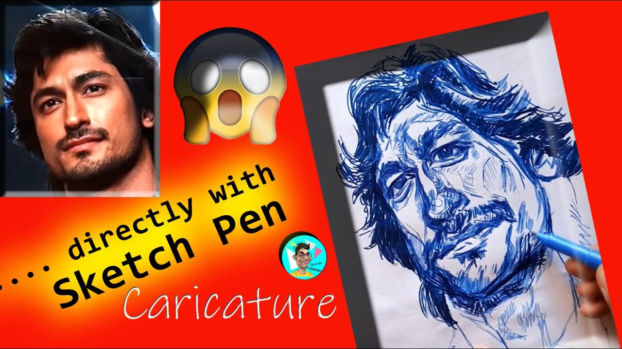 Caricature Sketching😂😜Vidyut Jammwal/Directly with sketch pen/Face Creator CHACHA