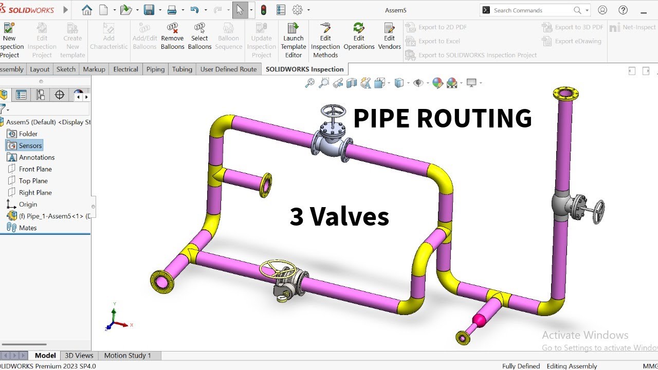 PIPE ROUTING + 3 DIFFERENT VALVES IN SOLIDWORKS 2023 - YouTube