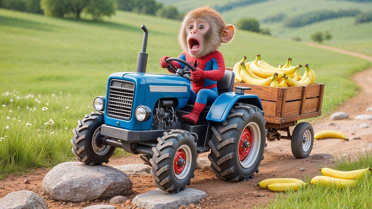 Monkey Min Drives Tractor to Harvest Bananas and Survive a Dangerous Landslide on the Mountain Pass!