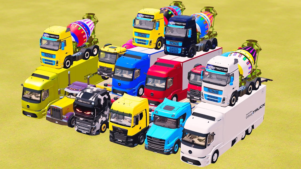 Flatbed Trailer McQueen Transportation with Truck   Speedbumps vs Cars vs Train FS22 KutaVersus #37