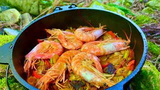 Shrimp and rice jambalaya recipe in the woods!