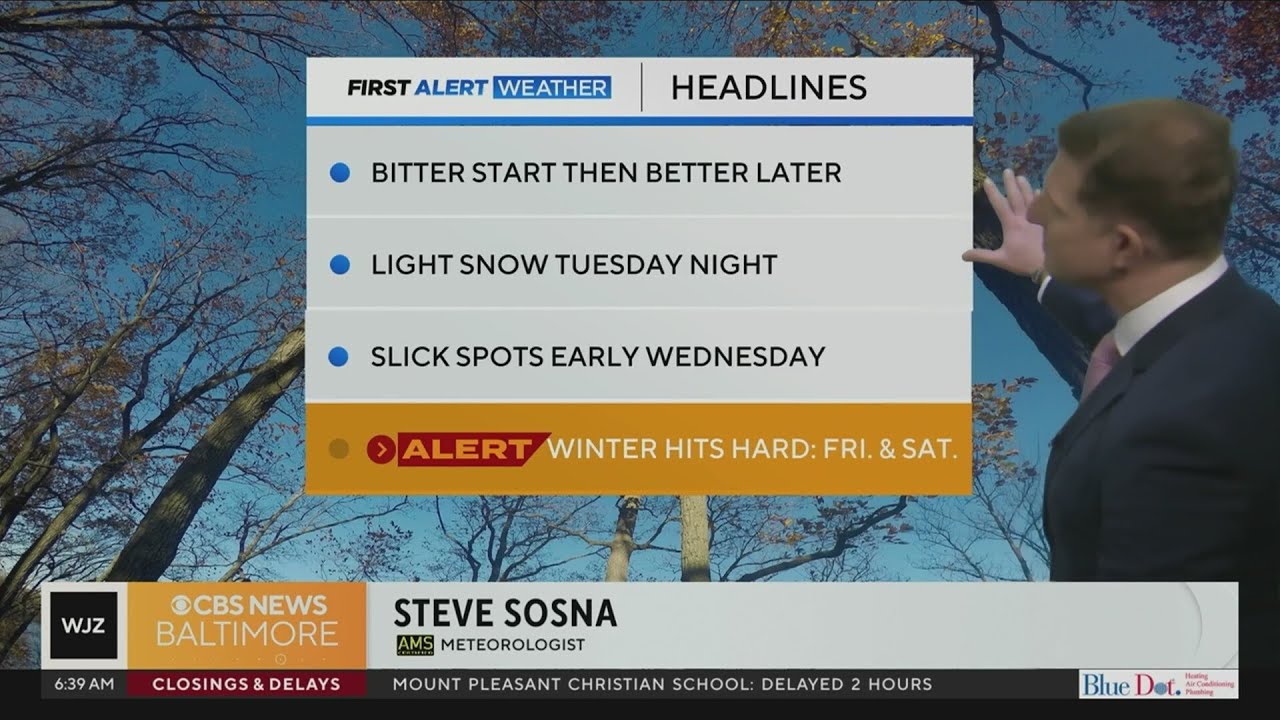Cold start to the week in Maryland, light snow Tuesday night - YouTube
