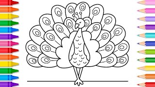 How to Draw a Beautiful Peacock Bird Easy Step by Step 💜💙💚Peacock Drawing and Coloring Page Easy