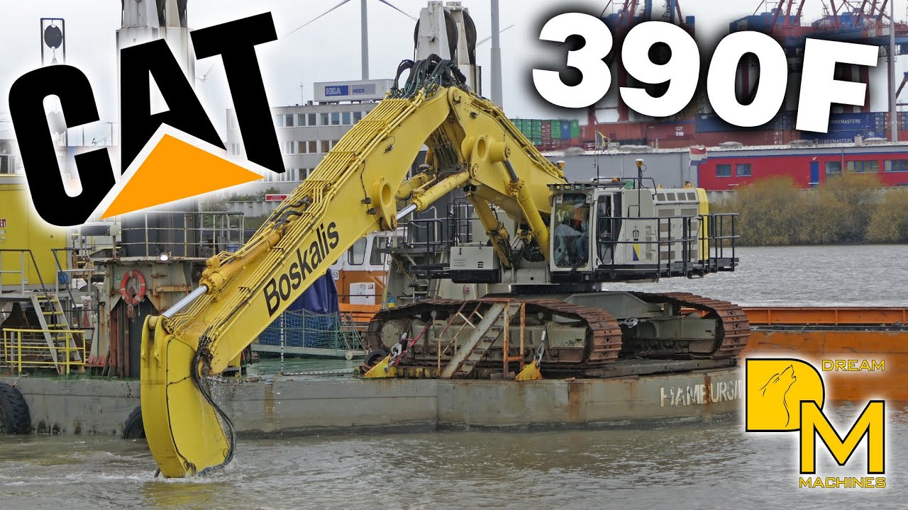 CATERPILLAR 395F excavator with long boom dredging underwater LIEBHERR HS 855 digging dirt!⚓️🚢👷🚧⚒️