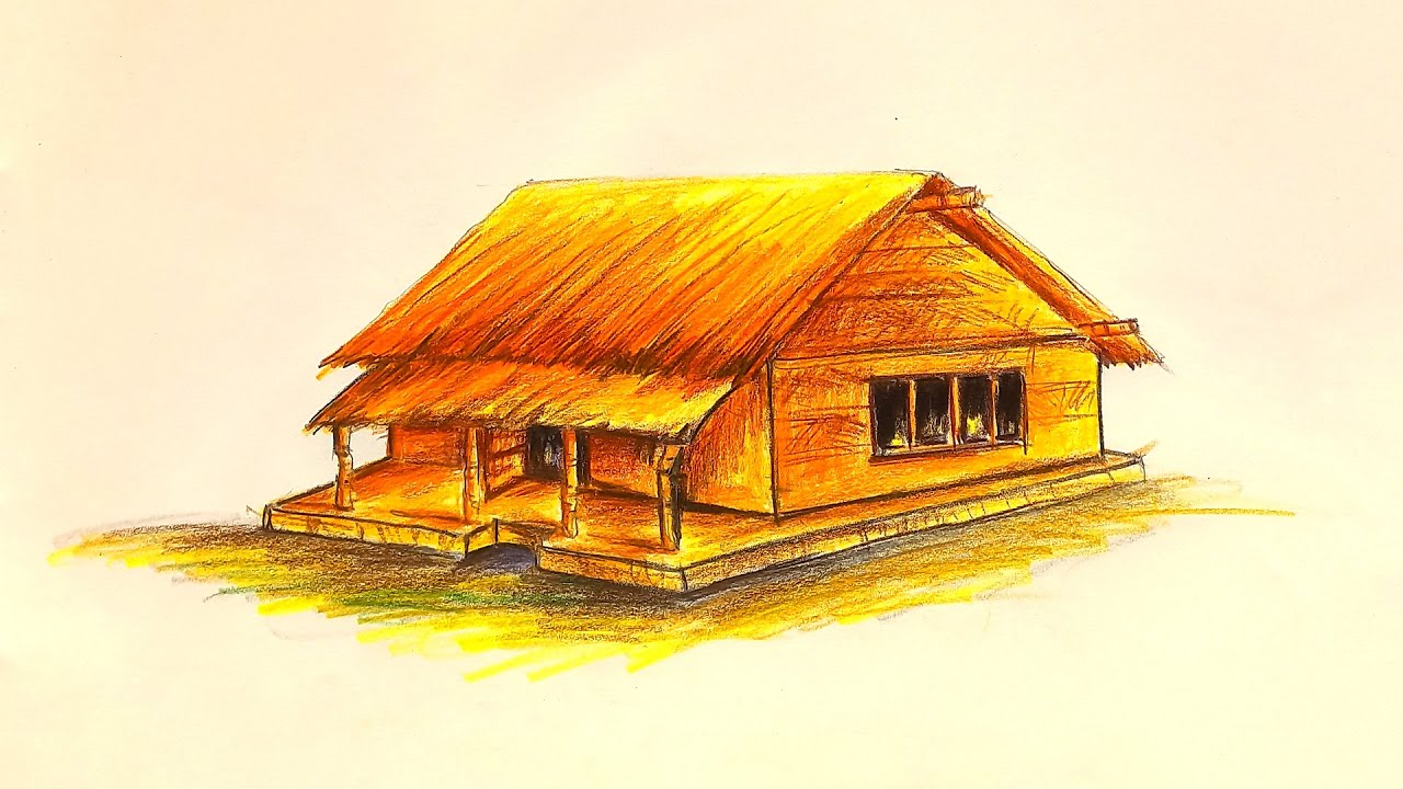 How to draw A Village House / Hut step by step (very easy) | কুঁড়েঘর ...